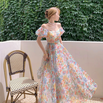 Lusty French Sexy Back One-Word Shoulder Bubble Sleeves Sleeves Hanging Dress Women's Summer Seaside Holiday Dress